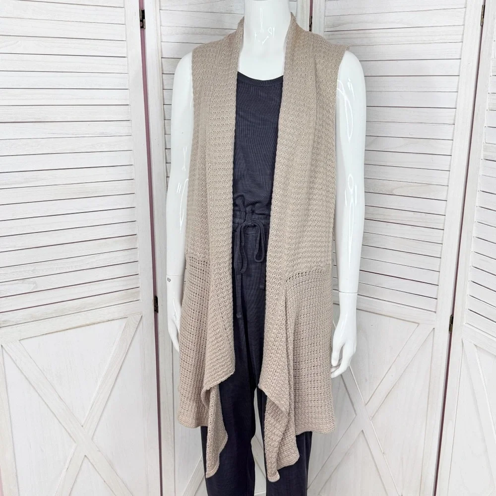 RXB Boho Open‎ Waterfall Long Cardigan Sweater Vest Tan Large Cotton